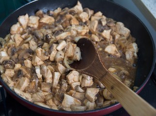 Chicken with onions and mushrooms in a frying pan