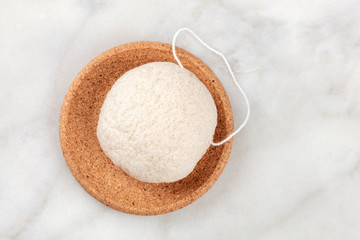 An overhead photo of a natural biodegradable Konjac sponge, shot from the top with a place for text