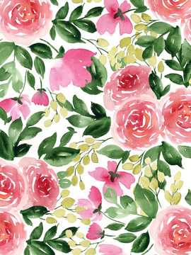 Watercolor background with tea roses. Colorful hand painted spring flowers