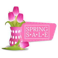 Spring Sale Banner with Bouquet of Tulips. Voucher, flyers, invitation, posters, brochure, coupon discount, greeting card. Vector illustration.