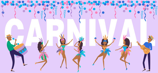 Brazil Carnival poster template with Brazilian samba dancer. Carnival in Rio de Janeiro with girls wearing a festival costume. Editable vector illustration