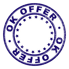 OK OFFER stamp seal watermark with grunge texture. Designed with round shapes and stars. Blue vector rubber print of OK OFFER caption with dirty texture.