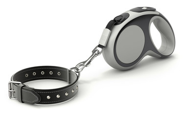 Retractable dog leash with leather dog collar on white background