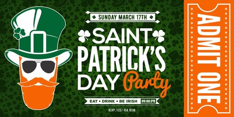 Saint Patrick's Day party celebration invitation, ticket, admit one. Vector illustration