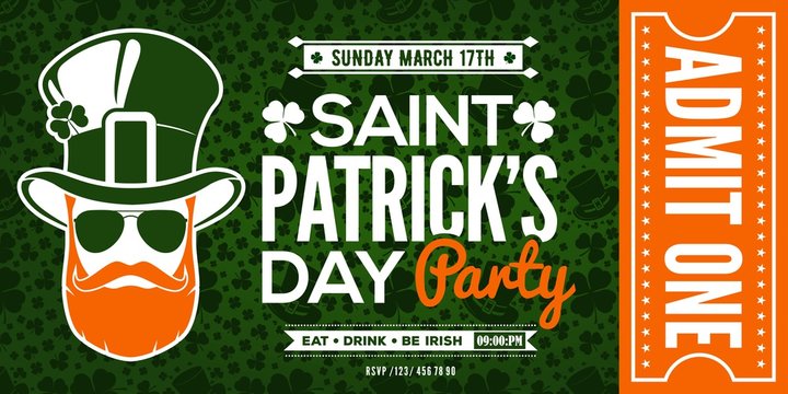 Saint Patrick's Day party celebration invitation, ticket, admit one. Vector illustration