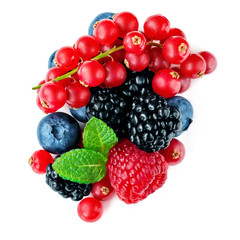 Berries mix isolated on white background. Mixed Pile of Raspberry, Red currant,  Blueberry and...