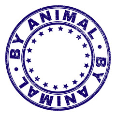 BY ANIMAL stamp seal imprint with grunge texture. Designed with round shapes and stars. Blue vector rubber print of BY ANIMAL label with retro texture.