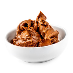 Melted caramel cream in a bowl  isolated on white background. Golden Butterscotch toffee caramel  dessert