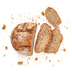 Sliced bread isolated on  white background. Fresh Bread slices close up. Bakery, food concept. Top view.