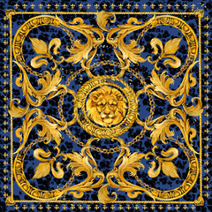 Silk scarf with golden chains and Lion head. jewelry shawl design. watercolor hand drawn damask luxury background.