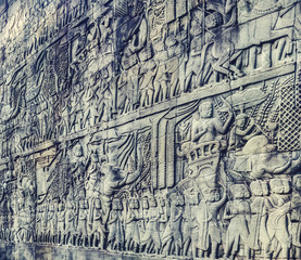 Fototapeta na wymiar Bas-relief at Bayon temple in Angkor Thom. Siem Reap. Cambodia.