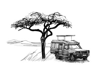 Game drive near a tree in africa. Hand drawn illustration © byrdyak