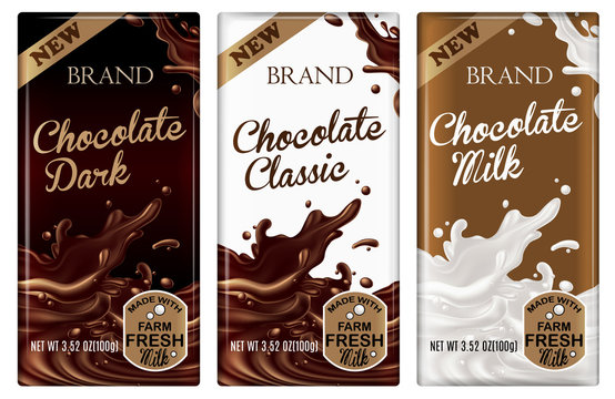 Packaging design chocolate bars. Packing collection for dark, classic and milk chocolate. Highly realistic illustration.