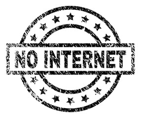 NO INTERNET stamp seal watermark with distress style. Designed with rectangle, circles and stars. Black vector rubber print of NO INTERNET caption with unclean texture.