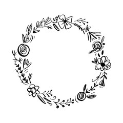 Hand drawn frame illustration. Vector floral lurel wreath with flowers, branches and leaves