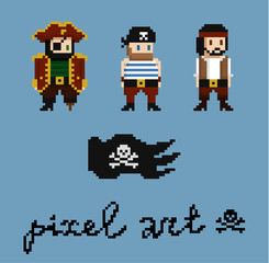Pixel art characters set. Pirate crew members - captain, cabinboy. Black pirate flag with skull and bones. 8-bit design game assets. Vector illustration.