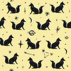 Vector pattern with polar foxes, moon and stars, space constellations. Beautiful wall texture