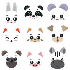 Vector collection of nine cute animal faces