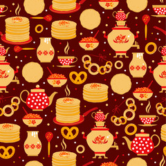 Shrovetide or Maslenitsa. Russian inscription Maslenitsa wide Wide Maslenitsa seamless pattern. Great Russian holiday Shrovetide. Vector illustration.