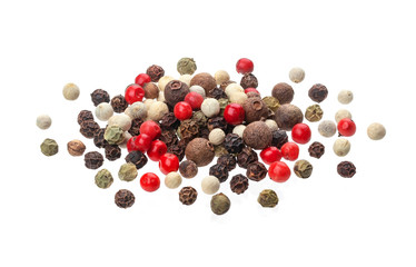 Pepper mix. Black, red, white and allspice peppercorns isolated on white background