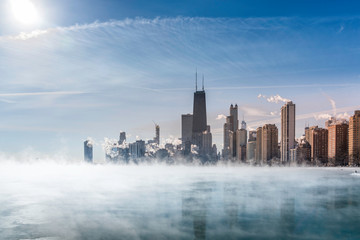 Fog covers Lake Michigan along Chicago Downtown shoreline. Winter polar vortex