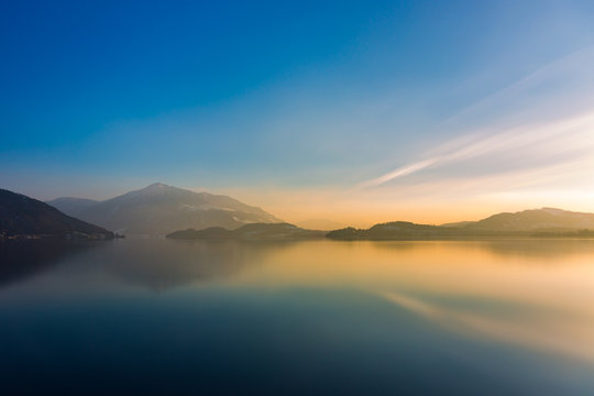 mount Rigi and lake Zug in evening light, blue sky