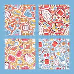 Baby stickers vector seamless pattern cartoon kids toys and clothing newborn garment child clothes bodysuit apparel for children shop advertising banner set backdrop illustration background