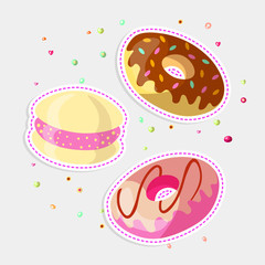 Set of Sweet cartoon chocolate and strawberry donut illustration with glaze on top. Collection of sweets doughnut with chocolate and strawberry isolated on white. Donut cartoon icon