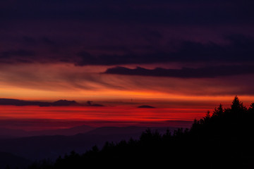 Trees silhouettes against a beautifully colored sky at dusk, with mountains layers in the background