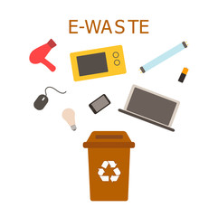 E-waste brown bin with computer mouse, microwave, hair dryer, battery, smartphone, lamps. Waste sorting and recycling concept.