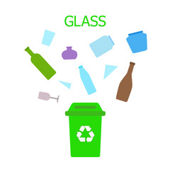 Glass waste green bin. Waste sorting and recycling concept. Color vector ilustration.