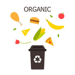 Organic waste black bin. Waste sorting and recycling concept. Color vector ilustration