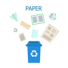Paper waste blue bin. Waste sorting and recycling concept. Color vector ilustration