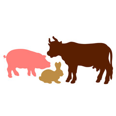 Three animals from a farm, silhouettes, a cow, a pig and a rabbit