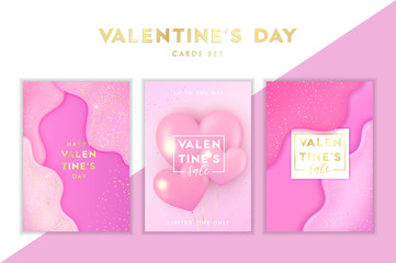 Obraz premium Happy Valentines day cards set with pink realistic shapes, gold glitter confetti, heart balloons. Vector illustration