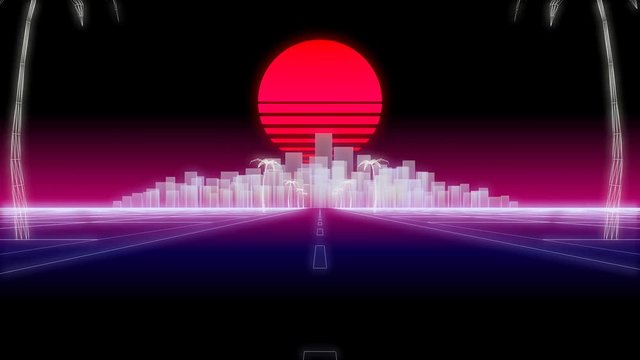 neon city palms road 80 Retro Background 3d render
