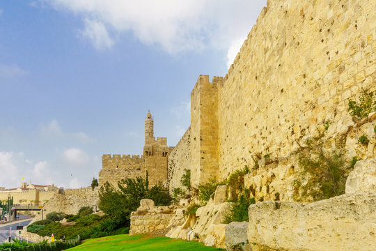 Old city walls and the Tower of David, in Jerusalem