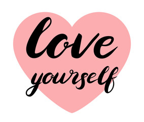 Love yorself text in a heart. Brush calligraphy. Vector isolated illustration