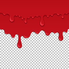 Red sticky liquid seamless element. Realistic dripping slime isolated object. Bloody background with oozing slime. Popular kids sensory game. Paint drips and flowing repeatable vector illustration.