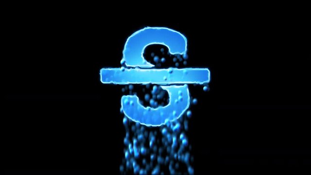 Liquid symbol strikethrough appears with water droplets. Then dissolves with drops of water. Alpha channel black