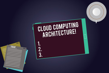 Writing note showing Cloud Computing Architecture. Business photo showcasing Components and the relationships between them Tablet Screen Cup Saucer and Filler Sheets on Color Background
