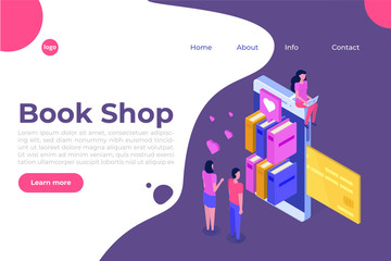 Library or Book Shop mobile online isometric concept. Micro people buying books. Vector illustration.