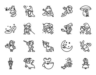 Fairy tales icons set. Set of Fantasy Related Vector Line Icons. Set of 20 minimal fable icons.