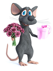 3D rendering of a cartoon mouse being romantic.