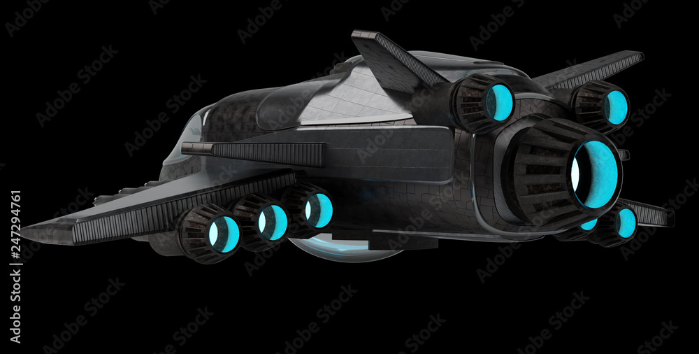 Poster Futuristic spacecraft isolated on black background 3D rendering