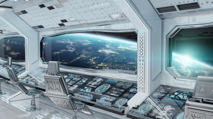 White clean spaceship interior with view on planet Earth 3D rendering © sdecoret