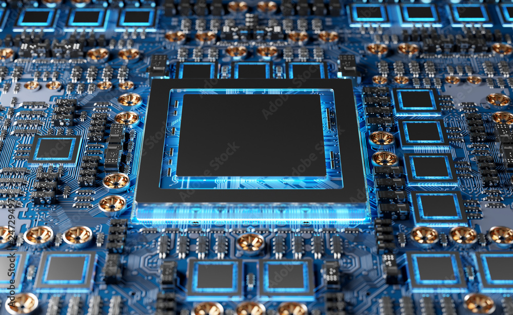 Poster close-up view of a modern gpu card with circuit 3d rendering