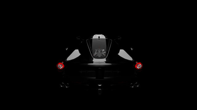 silhouette of black supercar with headlights on black background, 3d render, generic design, non-branded
