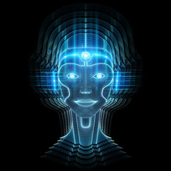 Obraz premium Robot cyborg head artificial intelligence learning 3D rendering