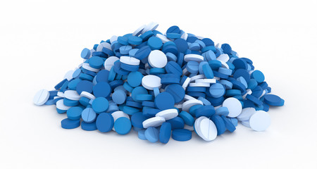 big pile of blue pills on white background close up, 3d illustration